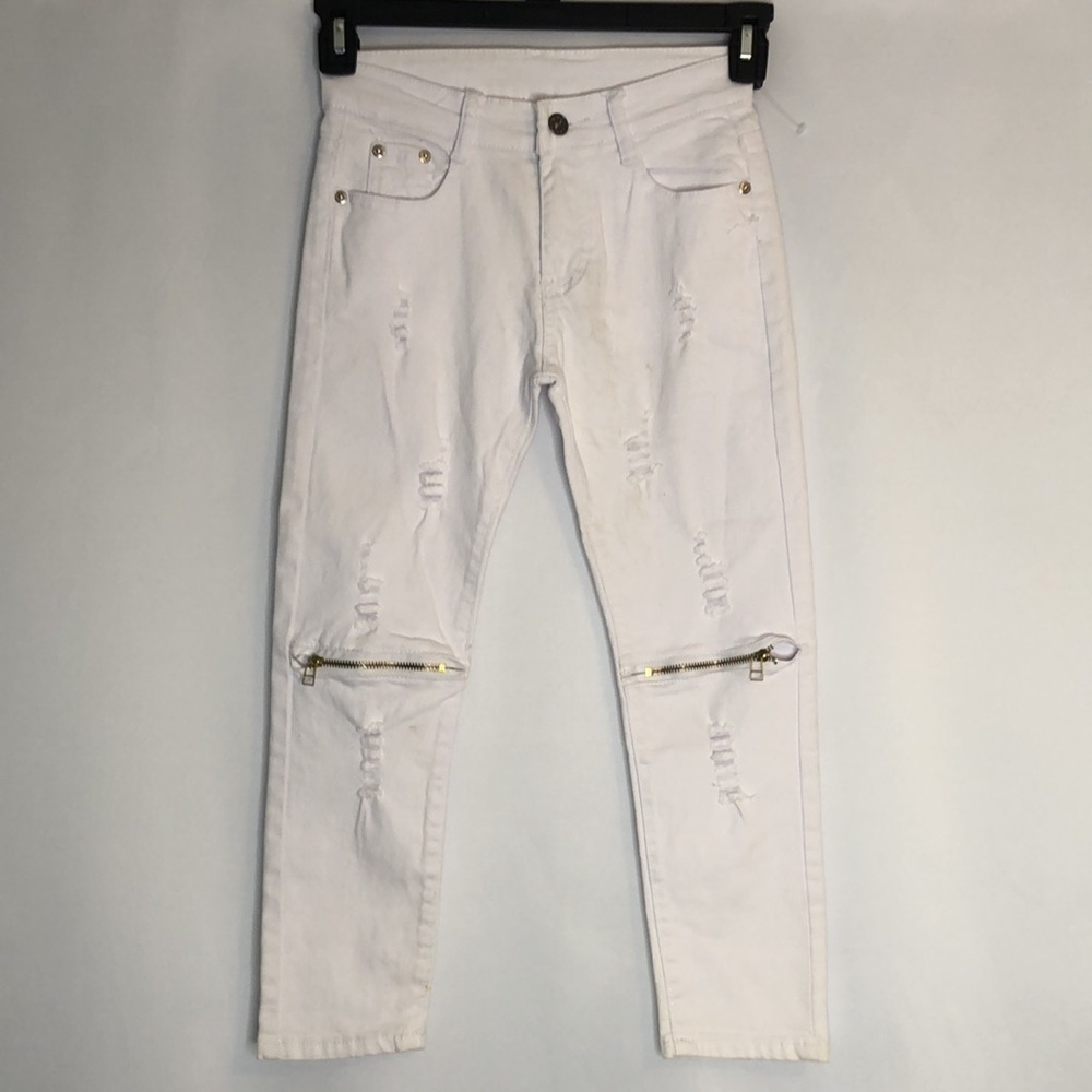 Fredd Marshall Women’s White Cotton Blend 5 Pocket Distressed Zipper Jean Size 7 - Picture 2 of 10
